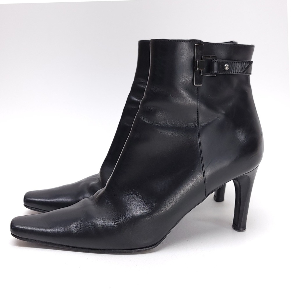 Via Spiga Womens Black Leather Pointed Square Toe Stiletto Ankle Boots Italy‎